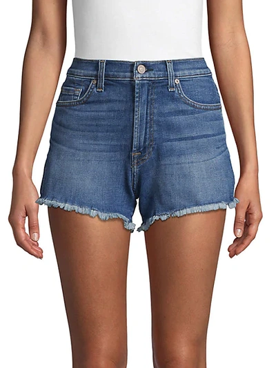 Shop 7 For All Mankind High-rise Frayed Cuff Jeans Shorts In Blue Nova
