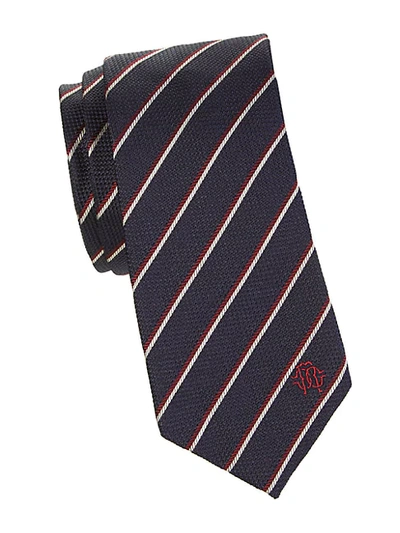 Shop Roberto Cavalli Logo Striped Silk Tie In Navy Blue