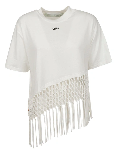 Shop Off-white Asymmetrical Hem Fishnet T-shirt In White/black