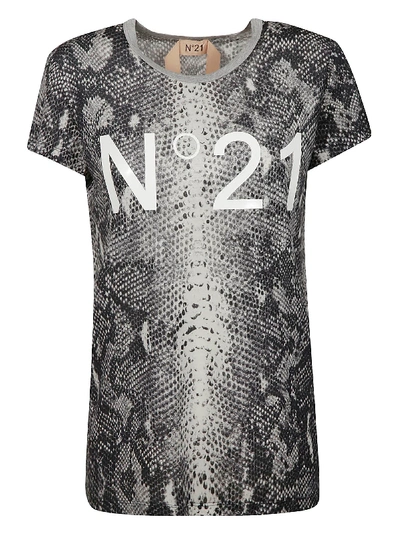 Shop N°21 Snake-skin Effect Logo T-shirt In Grey/white