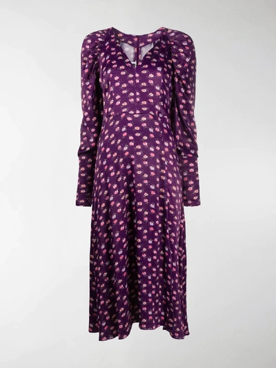 Shop Rotate Birger Christensen Pansy Print Midi Dress In Purple