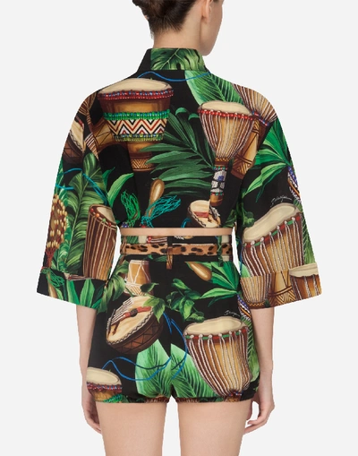 Shop Dolce & Gabbana Short Shirt In Crêpe De Chine With Drum Print And Bow In Multicolored