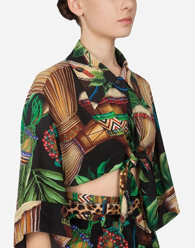 Shop Dolce & Gabbana Short Shirt In Crêpe De Chine With Drum Print And Bow In Multicolored