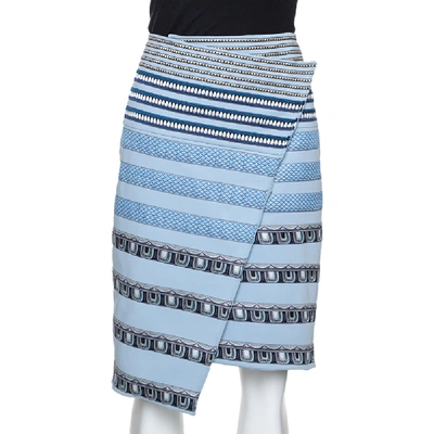 Pre-owned Kenzo Blue Stretch Knit Striped Applique Wrap Skirt M