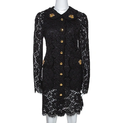 Pre-owned Dolce & Gabbana Black Floral Lace Bee Appliqued Shift Dress L