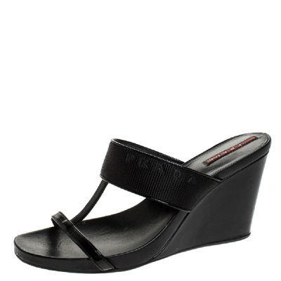 Pre-owned Prada Black Patent Leather And Nylon T-strap Wedge Slide Sandals Size 38.5