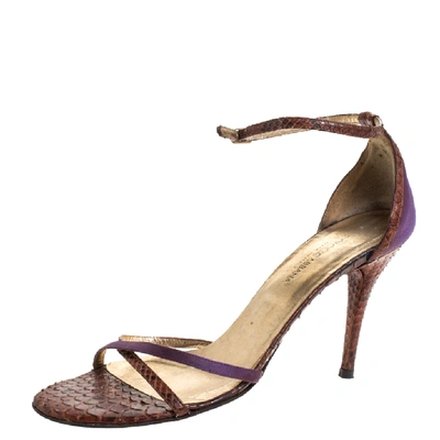 Pre-owned Dolce & Gabbana Brown/purple Python And Satin Criss Cross Ankle Strap Sandals Size 38
