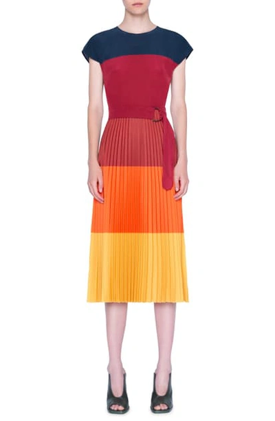 Shop Akris Punto Colorblock Stripe Pleated Midi Dress In Prickly Pear/ Sun Multi