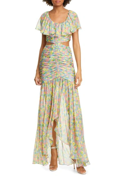 Shop Amur Amore Floral Ruffle Cutout Silk Maxi Dress In Ocean Blue Anemone Floral