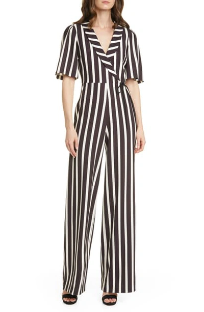 Shop Alice And Olivia Luana Stripe Wrap Front Jumpsuit In Moondust Stripe Black