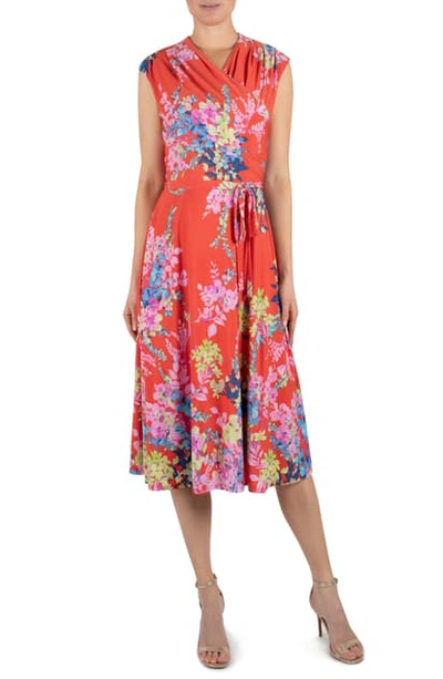 Shop Julia Jordan Floral Wrap Front Sleeveless Jersey Dress In Orange Multi