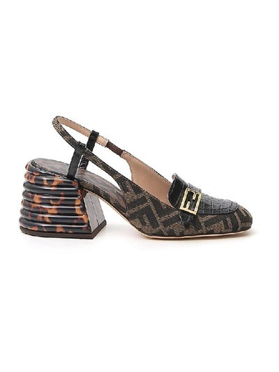 Shop Fendi Logo Motif Slingback Pumps In Brown