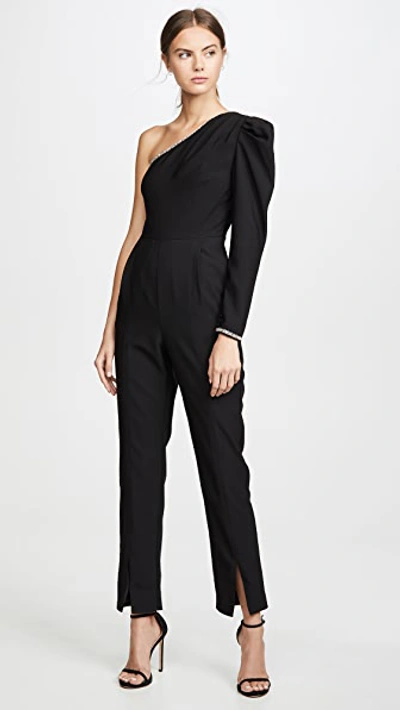 Shop Self-portrait One Shoulder Crepe Jumpsuit In Black