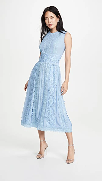 Shop Costarellos Sleeveless Chiffon Dress With Cotton Guipure In Ocean Blue