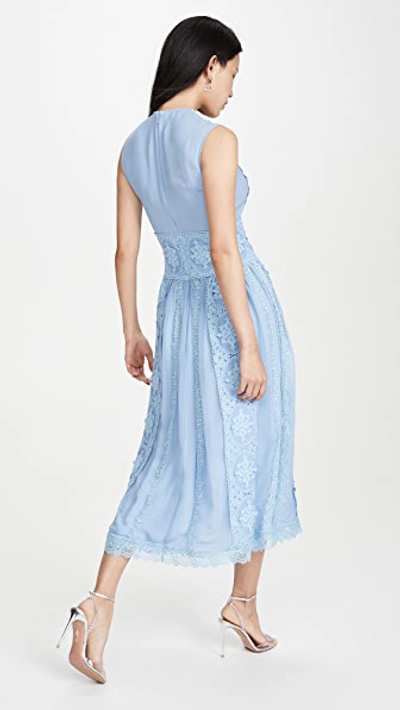 Shop Costarellos Sleeveless Chiffon Dress With Cotton Guipure In Ocean Blue