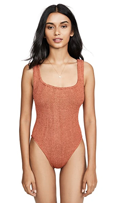 Shop Hunza G Square Neck One Piece Swimsuit In Metallic Rust