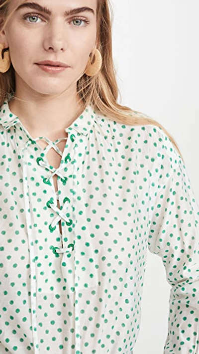 Shop Alix Of Bohemia Petit Pois Lace Up Blouse In White/green