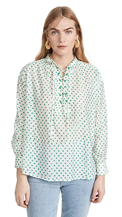 Shop Alix Of Bohemia Petit Pois Lace Up Blouse In White/green