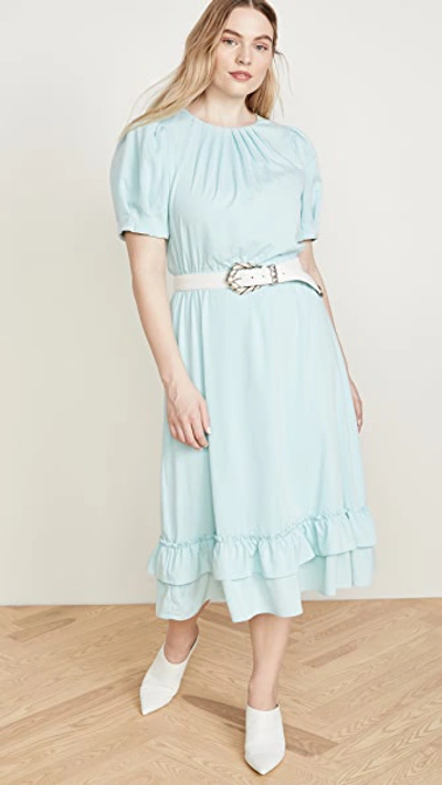 Shop Alice And Olivia Vida Puff Sleeve Ruffle Midi Dress In Powder Blue