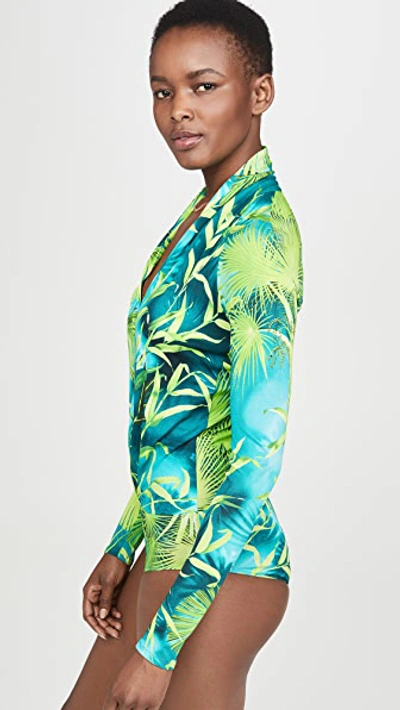 Shop Versace Palm Print Low-v Bodysuit In Verde & Stampa