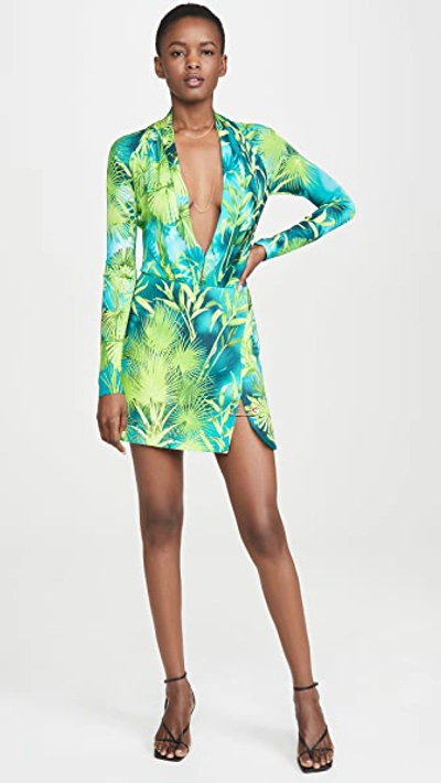 Shop Versace Palm Print Low-v Bodysuit In Verde & Stampa