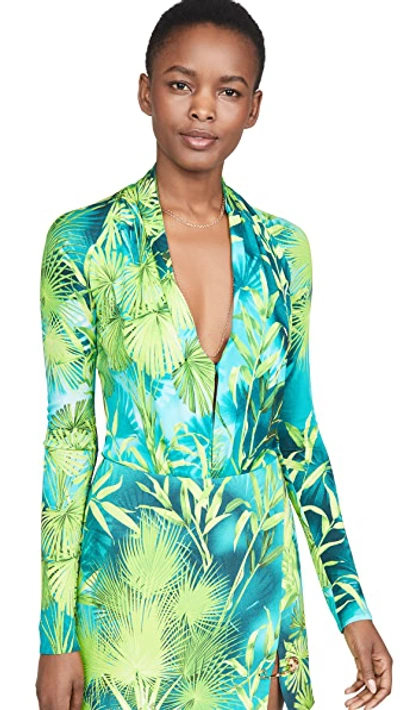 Shop Versace Palm Print Low-v Bodysuit In Verde & Stampa