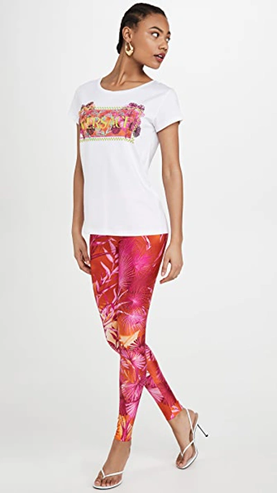 Shop Versace Palm Print Leggings In Fuchsia/arancio