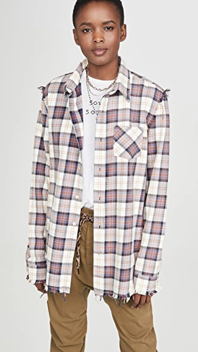 Shop R13 Shredded Seam Shirt In Ecru/purple Plaid