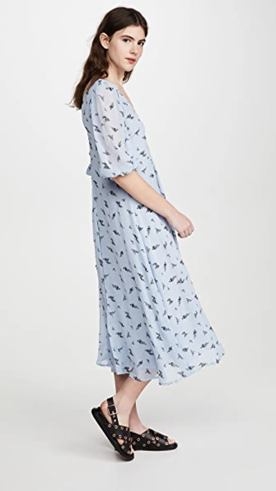 Shop Ganni Printed Georgette Dress In Brunnera Blue