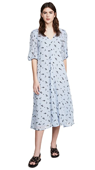 Shop Ganni Printed Georgette Dress In Brunnera Blue