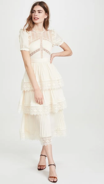 Shop Self-portrait Lace Trim Midi Dress In Cream