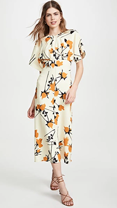 Shop Victoria Beckham Printed Batwing Midi Dress In Cream/ochre