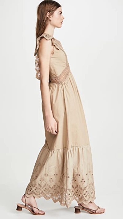 Shop Self-portrait Broderie Sleeveless Maxi Dress In Light Beige