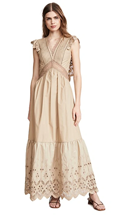 Shop Self-portrait Broderie Sleeveless Maxi Dress In Light Beige