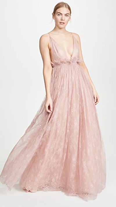Shop Costarellos Plunging Neck Empire Waist Gossamer Lace & Tulle Dress In Dusty Pink