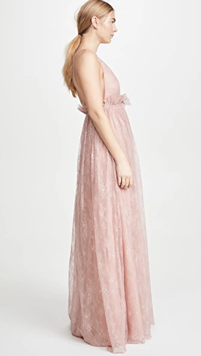 Shop Costarellos Plunging Neck Empire Waist Gossamer Lace & Tulle Dress In Dusty Pink