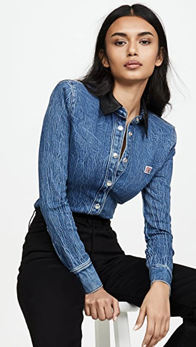 Shop Alexander Wang Denim Button Long Sleeve Shirt With Leather Collar In Deep Blue