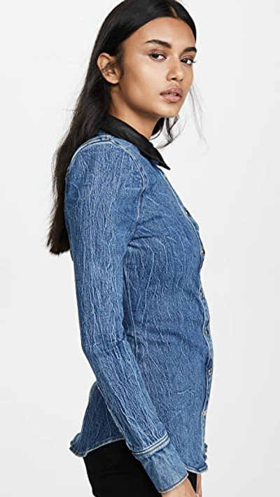 Shop Alexander Wang Denim Button Long Sleeve Shirt With Leather Collar In Deep Blue