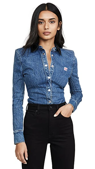 Shop Alexander Wang Denim Button Long Sleeve Shirt With Leather Collar In Deep Blue