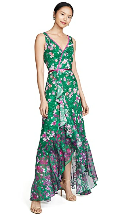 Shop Marchesa Notte Floral High Low Gown In Emerald