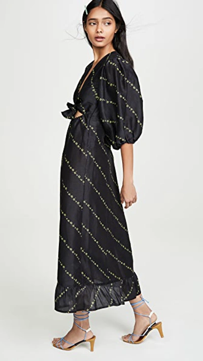 Ganni Tie-front Floral-print Linen-blend Midi Dress In Black | ModeSens