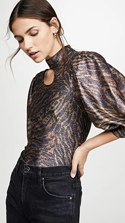 Shop Ganni Metallic Jersey Blouse In Tiger