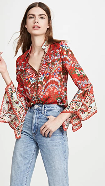 Shop Alice And Olivia Randa Trumpet Sleeve Button Down In Wildflower Bright Poppy