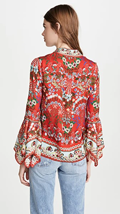 Shop Alice And Olivia Randa Trumpet Sleeve Button Down In Wildflower Bright Poppy