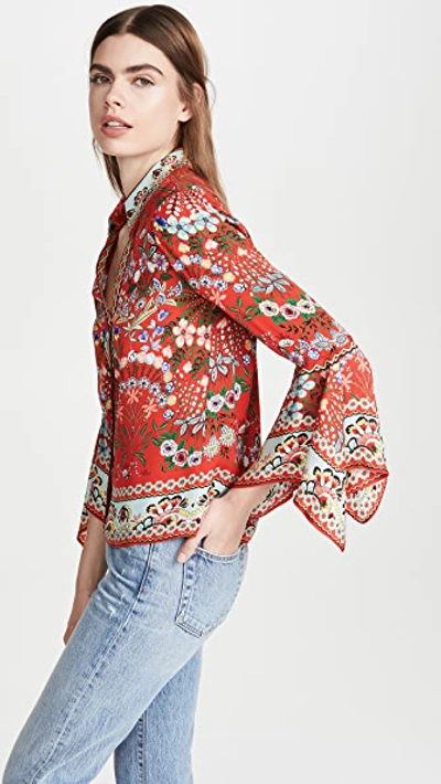 Shop Alice And Olivia Randa Trumpet Sleeve Button Down In Wildflower Bright Poppy