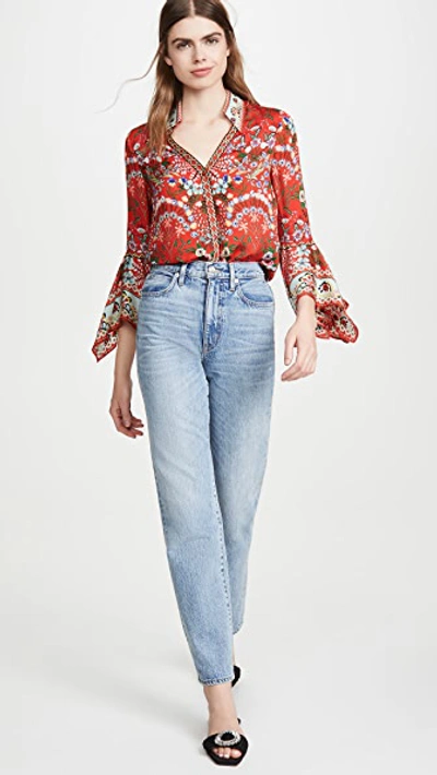 Shop Alice And Olivia Randa Trumpet Sleeve Button Down In Wildflower Bright Poppy
