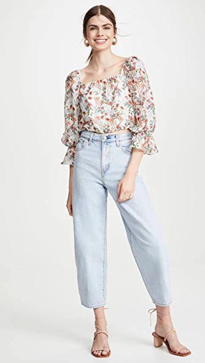 Shop Alice And Olivia Deb Square Neck Blouse In Blue Bell Soft White