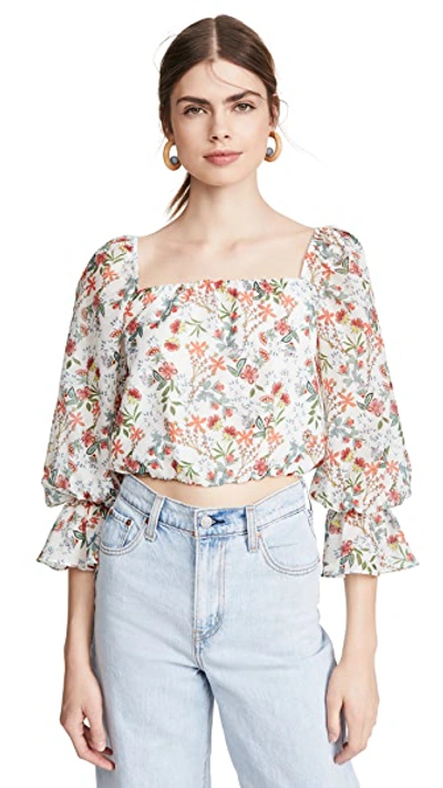 Shop Alice And Olivia Deb Square Neck Blouse In Blue Bell Soft White