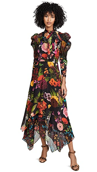 Shop Alice And Olivia Karen Tie Neck Tiered Handkerchief Dress In Md Garden Floral/leaf