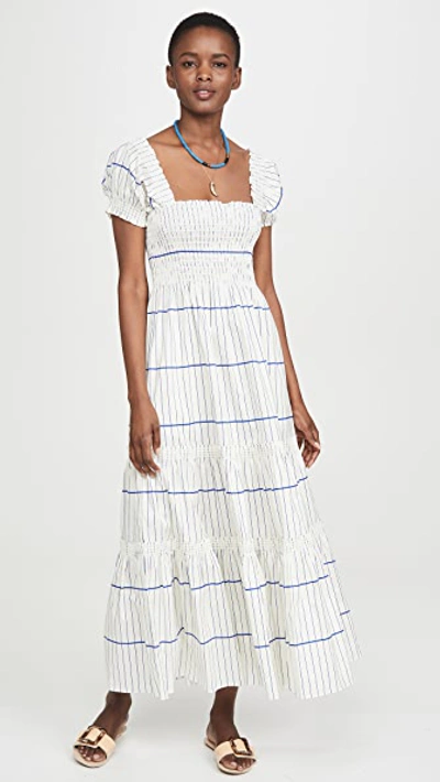 Tory Burch Striped Smocked-bodice Midi Dress In Ivory/duchess Blue Stripe |  ModeSens